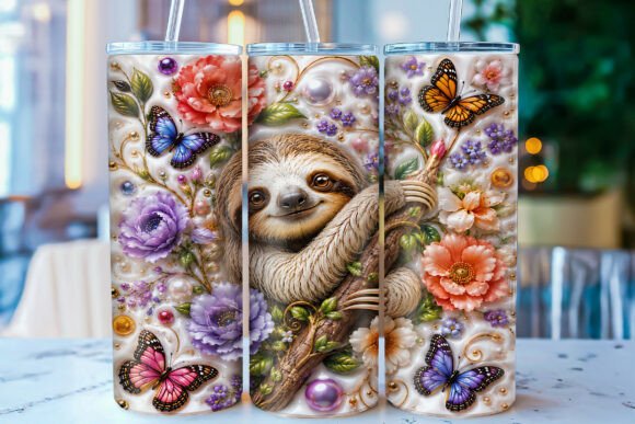 Create a Charming Drinkware Gift with the Inflated Floral Sloth Tumbler Wrap PNG