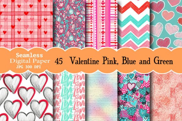 Seamless Valentine Patterns: Pink, Blue & Green